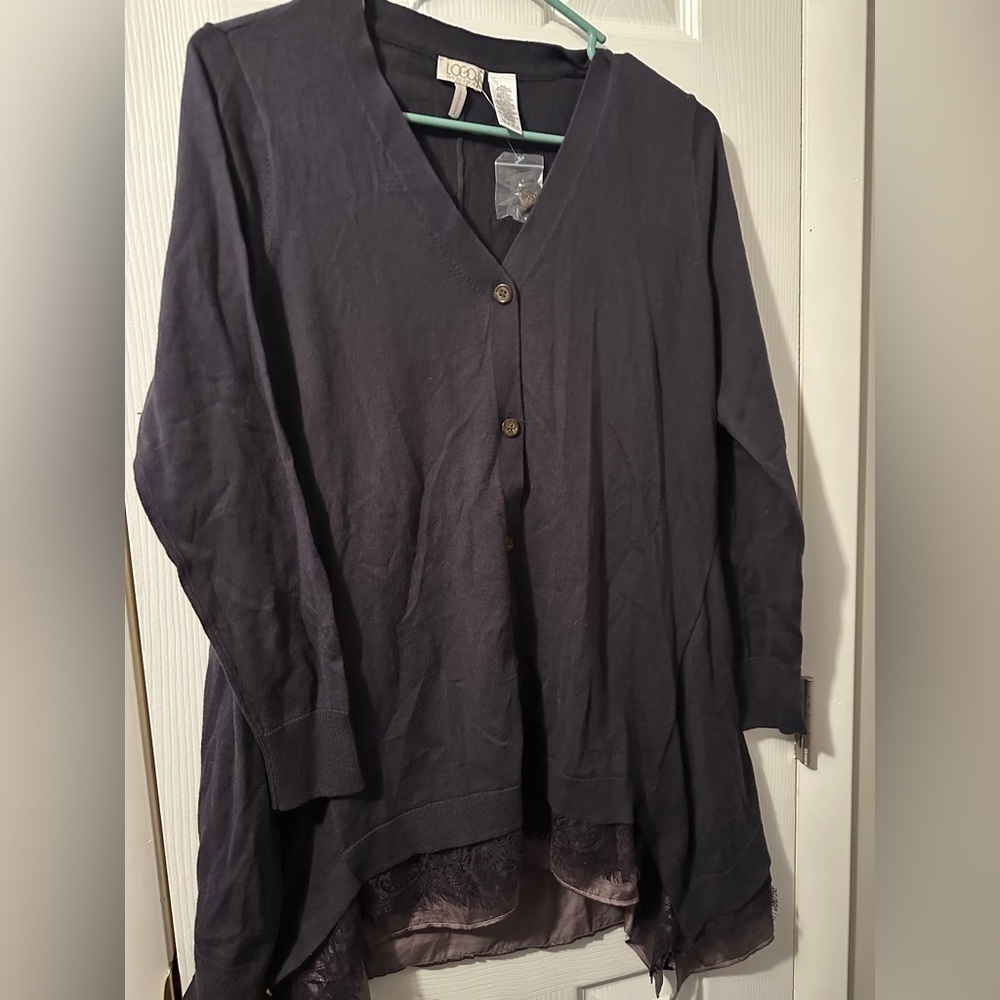 Logo By Lori Goldstein Cardigan Women's Small Sweater Dark Purple Lace NWT
